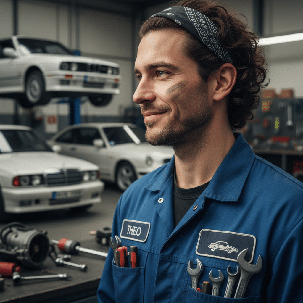 Mécanicien souriant dans un atelier avec voitures classiques.
