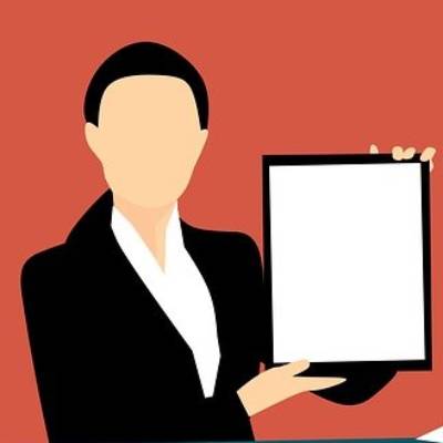 Businessperson holding blank document on red background.